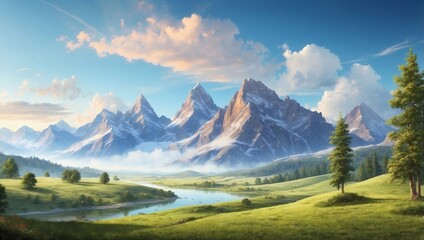 Fototapeta premium Trees and Mountains in Scenic Landscape Wallpaper