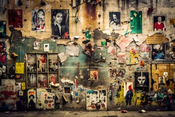 Urban Street Art Wall with Portrait Posters and Graffiti