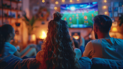 Fototapeta premium Back view group of young friends watching football match from television at home. Young people cheering sport tournament live broadcast together. 