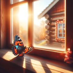Butterfly on Glass with Wooden House View,Nature's Beauty Butterfly and Wooden House.