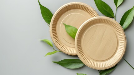 Ecological utensils arranged among leaves on isolated background