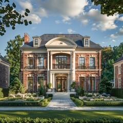 Fototapeta premium Prestigious village featuring luxury Georgian-style homes with brick facades, grand columns, and manicured lawns, evoking a sense of timeless elegance.