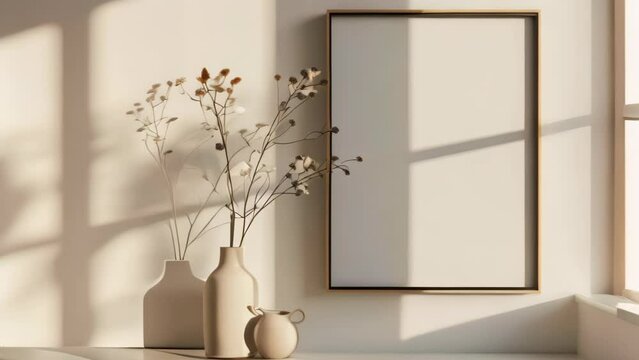 Black frame mockup with white background on the wall side table with vase and dried flowers.