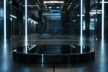 Futuristic Black Display Platform in High-Tech Setting, Perfect for Cutting-Edge Product Showcases