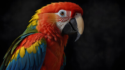 Obraz premium A vivid close-up of a scarlet macaw (Ara macao) highlights its brilliant red, blue, and yellow feathers. The bird's intelligent eyes and vibrant plumage make this a captivating and colorful portrait