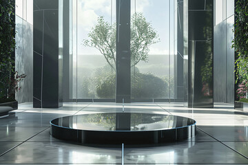 Modern Black Display Platform in Sunlit Atrium, Ideal for Elegant and Contemporary Product Showcases