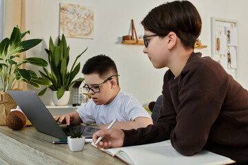 Two boys are working together on a laptop at a table.