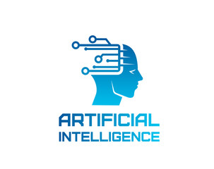 AI artificial Intelligence icon of machine learning with digital brain, vector symbol. Artificial Intelligence and digital mind technology icon of AI head with computer chip for neuroscience tech