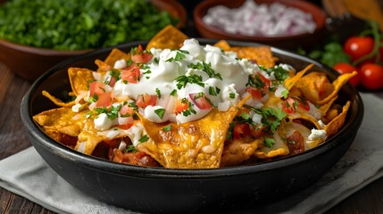 Appetizing Chilaquiles Dish with Creamy Toppings and Vibrant Textures