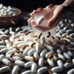 A silkworm is webbing inside the hand and there are many larvae on the table.