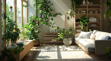 modern interior design, nordic and japanese inspired, indoor plants