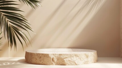 Empty stone podium with dramatic lighting for cosmetic product mock up on beige background