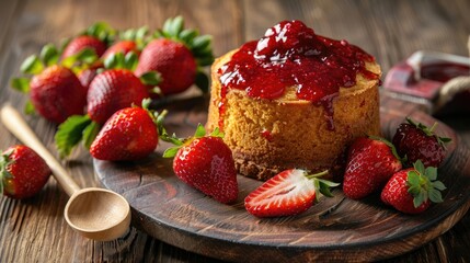 Pound cake served with freshly made strawberry jam accompanied by strawberries placed on a wooden surface
