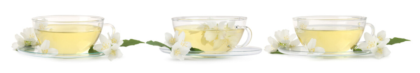 Delicious herbal tea in cups and beautiful flowers on white background, set