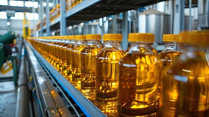 Naklejka premium Sunflower oil production on a conveyor belt at a factory