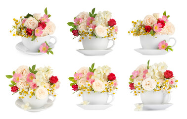 Delicious herbal tea in cups and beautiful flowers on white background, set