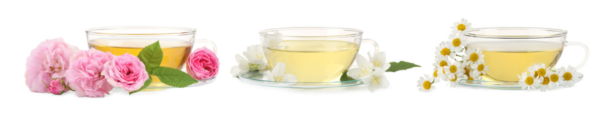 Delicious herbal tea in cups and beautiful flowers on white background, set