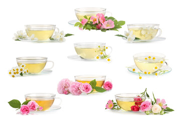 Delicious herbal tea in cups and beautiful flowers on white background, set