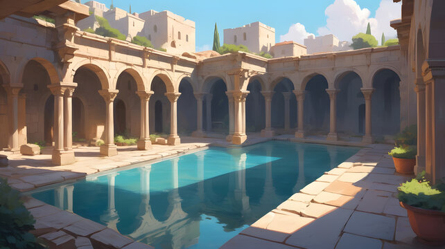Pool of Bethesda, a cartoon illustration where Jesus healed the paralyzed man. The scene shows a serene pool surrounded by ancient stone structures and columns. The water is calm and reflective