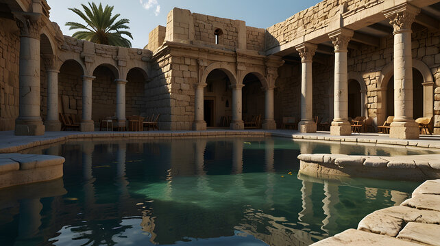 Pool of Bethesda, a cartoon illustration where Jesus healed the paralyzed man. The scene shows a serene pool surrounded by ancient stone structures and columns. The water is calm and reflective