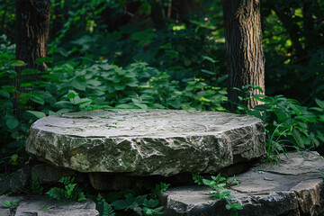 Natural Stone Platform in a Lush Forest Clearing, Ideal for Organic and Earthy Product Displays