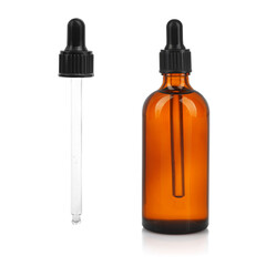 Pipette and bottle with cosmetic product isolated on white, collage