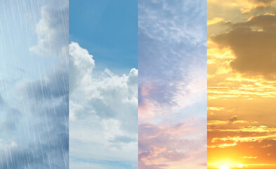 Different weather conditions due to season changing. Collage with photos of sky