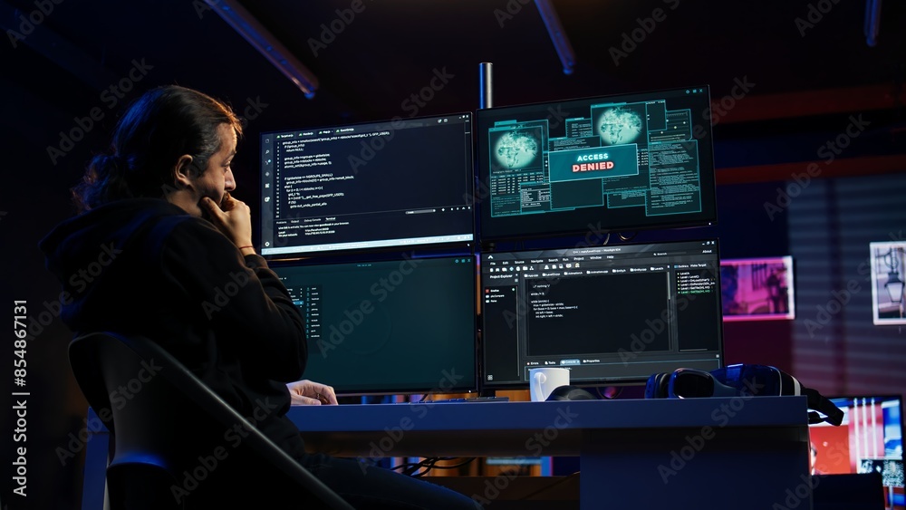Poster hacker getting access denied error while doing computer sabotage using ransomware. cybercriminal fai