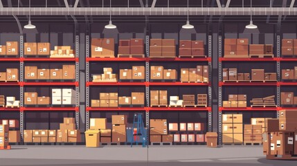 A warehouse with many boxes on the shelves
