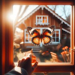 A butterfly sits on top of a glass looking at a wooden house.