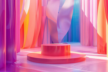 Vibrant Pastel Display Platform with Flowing Fabric Backdrop, Perfect for Dynamic Product Showcases