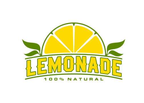 Lemonade icon or lemon fruit juice and natural soda drink, vector beverage emblem. Lemonade drink sign with green leaves of 100 percent natural lemon for fresh sparkling soda or citrus flavor water
