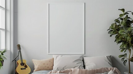 Blank frame on Wall in a teenagers room. Mock up template for Design or product placement with guitar on bed.
