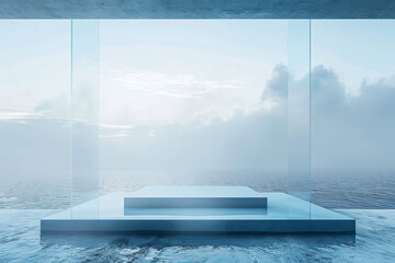 Modern Glass-Walled Product Display Platform Overlooking Serene Ocean, Ideal for Elegant Product Placement