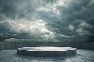 Sleek Circular Product Display Platform Under Moody Skies, Perfect for Dramatic Product Placement
