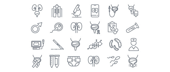 Set of line icons urology clinic. Kidneys, bladder,catheter, cystoscope, hormones, testosterone, impotence, spermogram, prostatitis, surgery, bacteria, urologist, urinary incontinence, fertilization
