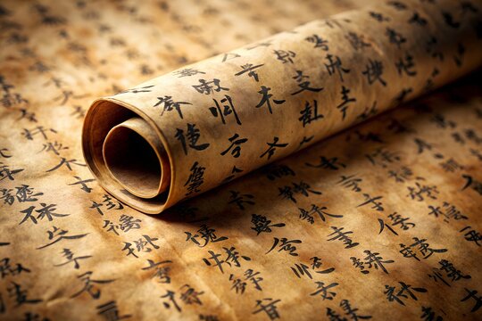 Ancient Chinese Scroll With Traditional Calligraphy Characters Art