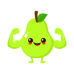 Cute happy smiling pear fruit show muscle character. Vector hand drawn cartoon kawaii character