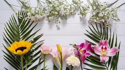 Mix of flowers flat lay on white wood inside such as sunflower pink rose lily purple orchid palm leaf gypso