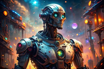 Fototapeta premium Futuristic Robot Soldier Standing In The Middle Of A War Zone.