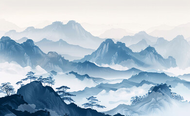 Jiangnan landscape natural scenery, Chinese style ink natural scenery concept illustration