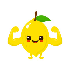 Cute happy smiling lemon fruit show muscle character. Vector hand drawn cartoon kawaii character