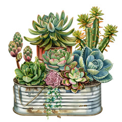 Obraz premium Lush Watercolor Succulent Arrangement, Ideal for Home Decor and Gardening Guides, Isolated on Transparent Background