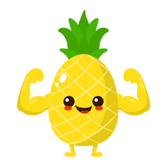 Cute happy smiling pineapple fruit show muscle character. Vector hand drawn cartoon kawaii character