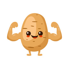 Cute happy smiling potato show muscle character. Vector hand drawn cartoon kawaii character