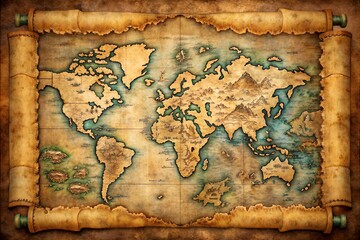 Vintage World Map Scroll with Intricate Geographical Details