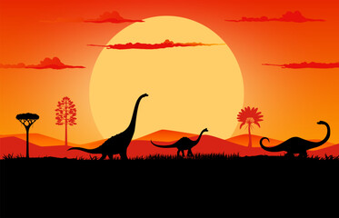 Dinosaurs silhouettes on sunset landscape with prehistoric trees, hills and plants. Vector serene background with brachiosaurus dino shadows roaming peacefully in front of large sun in orange dusk sky