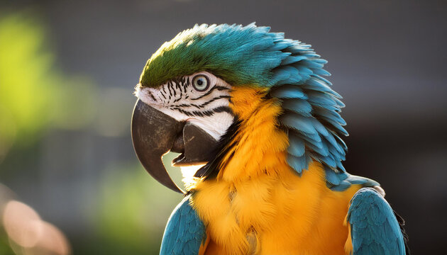 Large blue yellow macaw parrot or ara arauna close up portrait. Tropical bird, domestic home pet.