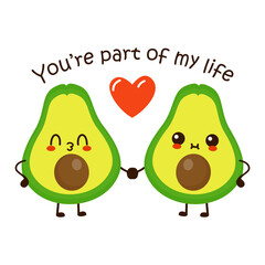Cute funny avocado fruit cartoon character. Vector hand drawn cartoon kawaii character illustration