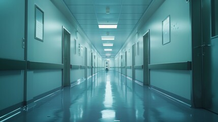 Empty Hospital Corridor with Blue Lighting